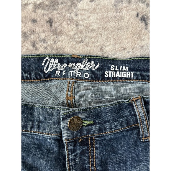 Wrangler Retro Jeans Mens fits 38x31 Blue Slim Straight Whiskered 5 Pocket - Picture 7 of 10